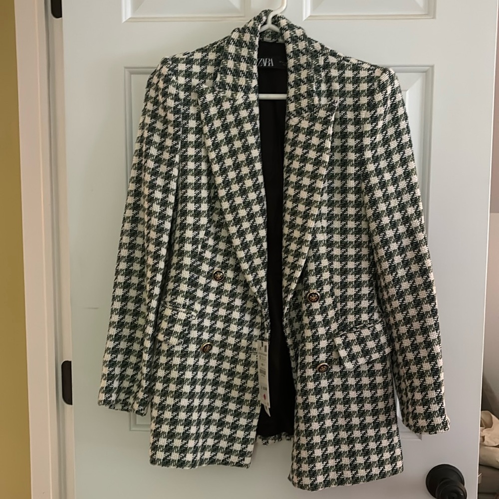Zara Green, Blue and Cream Houndstooth Blazer